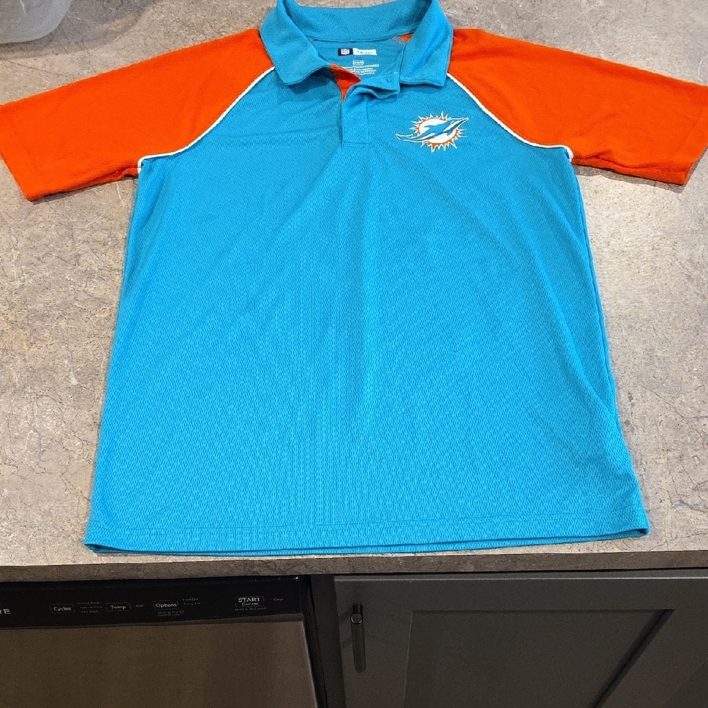 (J37) NFL Blue and Orange Polo Shirt Sporty Design DOLPHINS SZ M